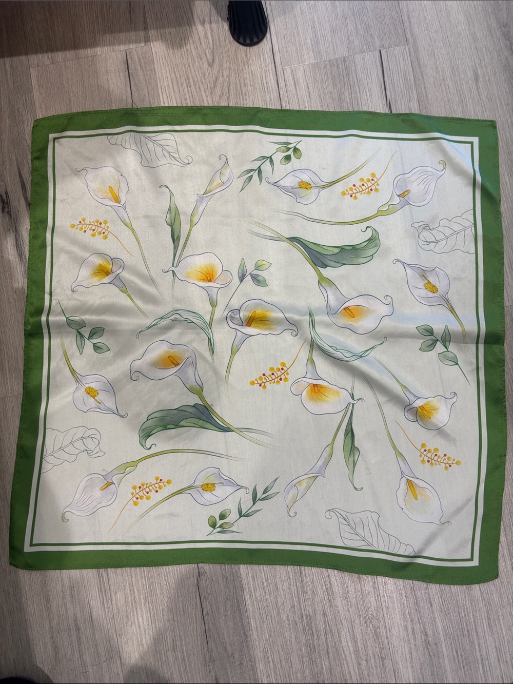 Green Border Floral Calla Lily Print Scarf silk hand made